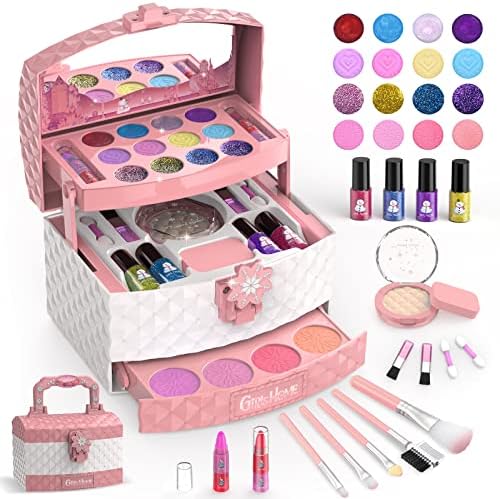 GirlsHome Kids Makeup Kit for Girl 35 Pcs Washable Toddler Makeup Kit, Girl Toys Real Cosmetic Makeup Set, Safe & Non-Toxic Frozen Makeup Set for 3-12 Year Old Kids Christmas & Birthday Gift (Pink)