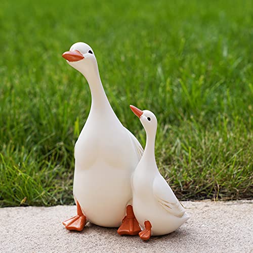 Ben & Bel Parent and Child White Duck Set, Hand-Painted Resin Ducks for Garden, Pond Ornaments and...