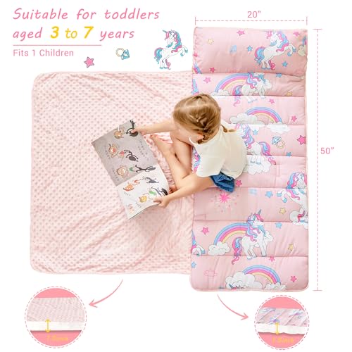 image for Lasoftan Toddler Nap Mat with Pillow and Blanket, Extra Large Rolled N