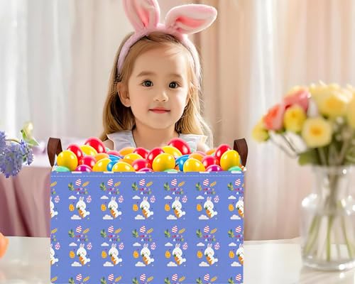 Image of Large Rectangular Easter Baskets Empty Waterproof Boy Toy Box Foldable Kid's Gifts Storage Bin Spring Room Decor(Blue Rabbit Holding Carrot Egg)