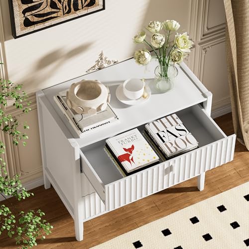 Image of Furniway Nightstand Set of 2, Modern End Table with Solid Wood Legs, Bedside Table with 3 Drawers and Metal Handles for Bedroom, White