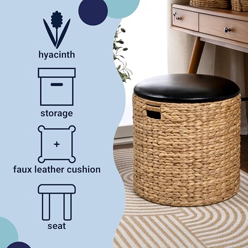 happimess SSL1003B Josie 18" Modern Coastal Hand-Woven Hyacinth Storage Ottoman with Lid, Foot Rest for Living Room, Bedroom, Entryway, Foyer, Natural/Black - Image 4