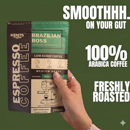 Image of Kents Coffee Brazilian Boss Medium Roast | LOW ACIDIC COFFEE | Ground Coffee for Home Espresso Machine | FINE GRIND | 100% Arabica Powder | Taste Like Nutty, Smooth, Chocolate Notes | Speciality Chikmangalur Pouch AA Grade | Sun Dried & Washed Arabica | Freshly Roasted Bean (200Gm)