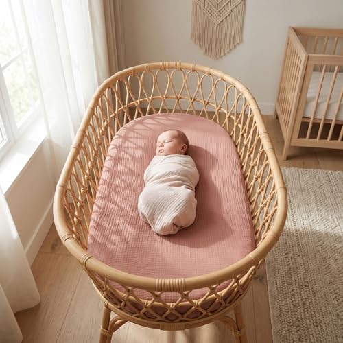 Image of 100% Muslin Baby Bassinet Sheets for Baby Boy Girls,4-Pack Fitted Bassinet Sheets Set Compatible with Halo Bassinest Swivel Sleeper,Baby Delight,Angelbliss,32 inchX16 inch (Pink Butterfly)