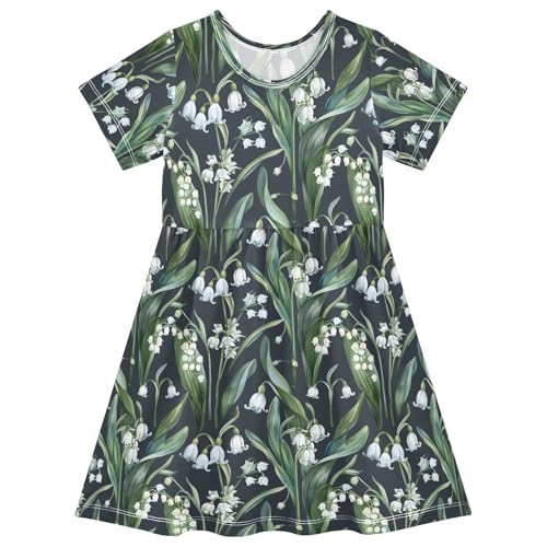 Summer Girl Dresses Blue Lily of The Valley Flowers Toddler Short Sleeve A-line Dress Casual Sundress