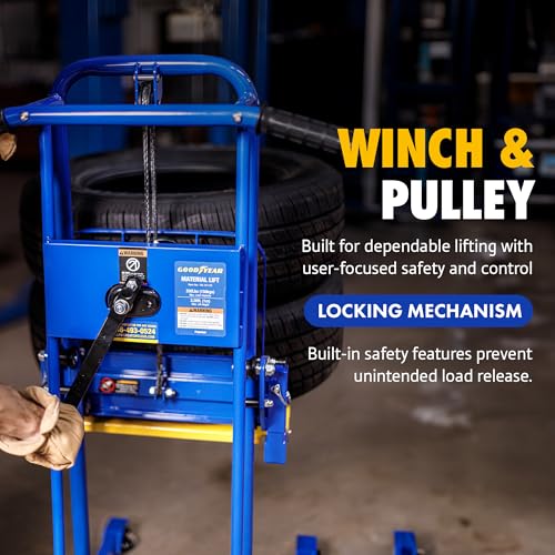 Image of Goodyear Material Lift Winch Stacker, Pallet Truck Dolly, 330 Lbs 40 inch Max Lift w / 8 inch Wheels, Swivel Casters [Patented]