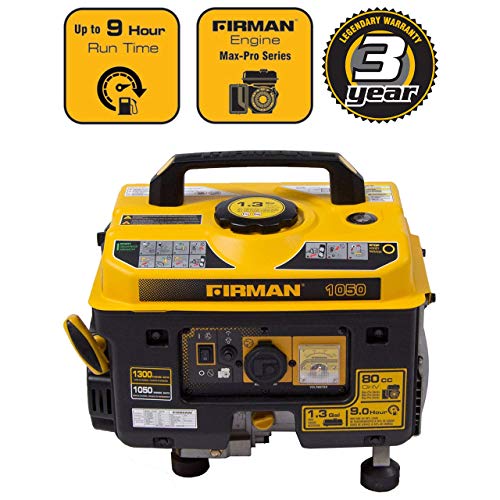 Firman P01001 1300/1050 Watt Recoil Start Gas Portable Generator CARB and cETL Cert, Black