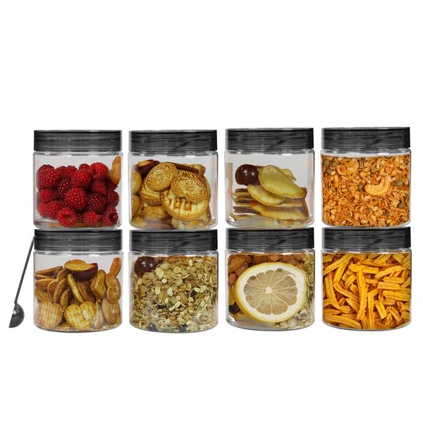 Image of PEARLPET Plastic Containers for Kitchen Storage | Plastic Container Set with Spoon | BPA-Free, Stackable Jars | Black, 750ml (Set of 8)