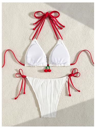 Verdusa Women's 2 Piece 3D Cherry Color Block Bikini Sets Halter Neck Tie Cute Swimsuit Bathing Suit2
