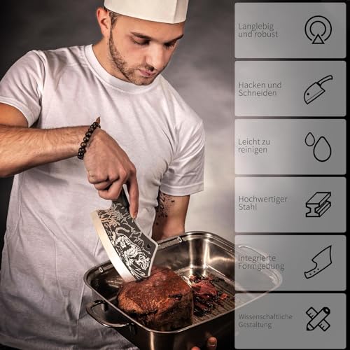 iPatio Japanisches Messer Küchenmesser Profi Messers, Original Japanisches Kochmesser im Damaststahl, Hackmesser Ausbeinmesser mit Lederscheide, Küchenmesser Outdoor Messer für Küchen Camping BBQ