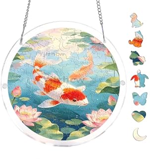 Koi Lotus Pond Water Art 7.8x7.8Inch Round Acrylic Hanging Puzzle | Creative Home Accent with Visual Appeal