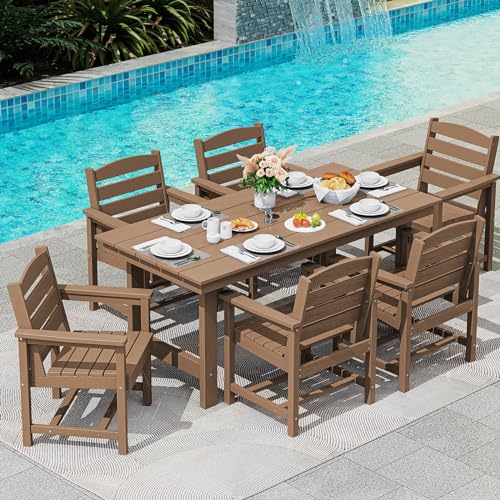 Image of SERWALL 7 Pcs Outdoor Dining Set, 67 inch HDPE Dining Set for 6, Brown