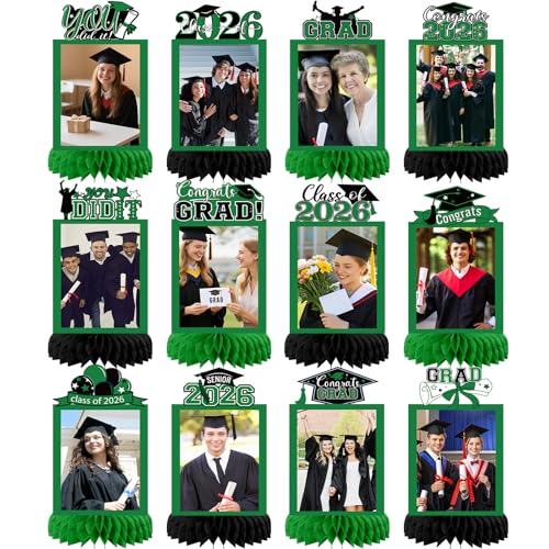 12 Pcs 2026 Graduation Decorations Table Centerpiece, Green Congrats Grad Honeycomb Class of 2026 Photo Toppers for Graduation Party Favors Supplies Indoor Outdoor