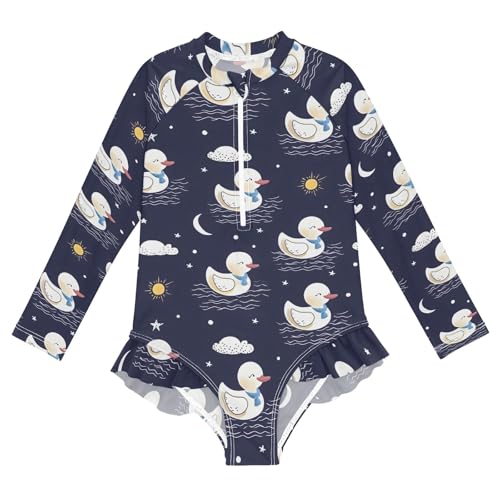 Cute Duck Cloud Sun Pattern Girls Long Sleeve Swimsuit Rash Guard One Piece Bathing Suits Zipper 3-12T