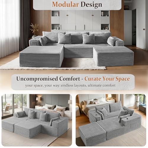 Image of Cloud Modular Sectional Sofa Couch, Boneless Couch, Deep Seat for Living Room, No Assembly, Minimalist Modular Sofa, Corduroy (Light Grey, 2 Seater + Left Facing Chaise + Ottoman)