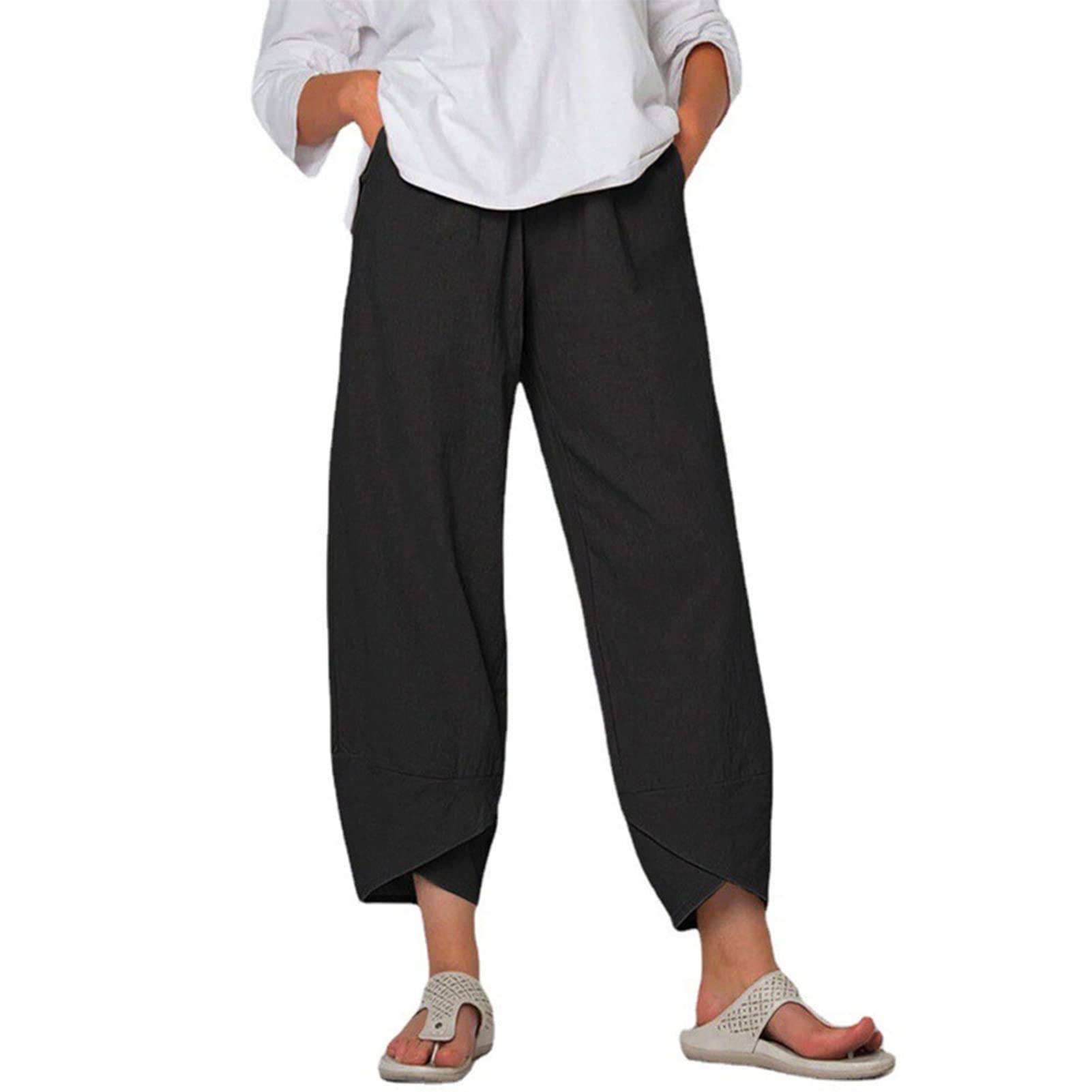 Women Ninth Pants Women Wide Leg Petal Shaped Cuffs Solid Color Loose Fit Lounge Pants with Pockets Women
