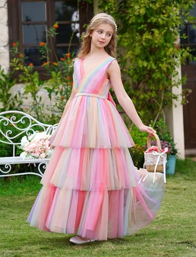 Girls Formal Dress Sleeveless V-Neck Sparkle Bowknot Pearls Tiered Tulle Tutu Dress Party Wedding Flower Girl Dress Rainbow 5-6Y — view 3