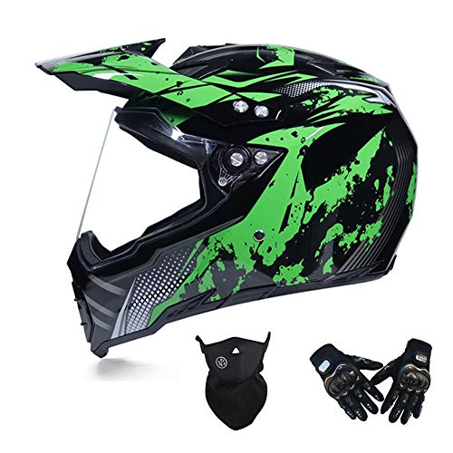 MRDEAR Casco Motocross con Guanti Face Mask - Nero e Verde/ Fodera Rimovibile - Casco Downhill Integrale Visiera Casco Moto Cross Adulto per Enduro MTB Offroad Scooter Sport,L