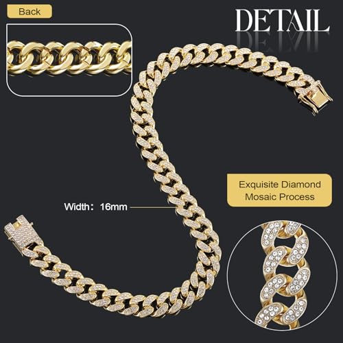 Image of Tallew Dog Chain Diamond Collar Gold 16 mm Wide Walking Metal Chain Necklace with Secure Buckle Pet Cuban Style Collar Jewelry Accessories for Small Medium Large Dog Cats(17 Inch)