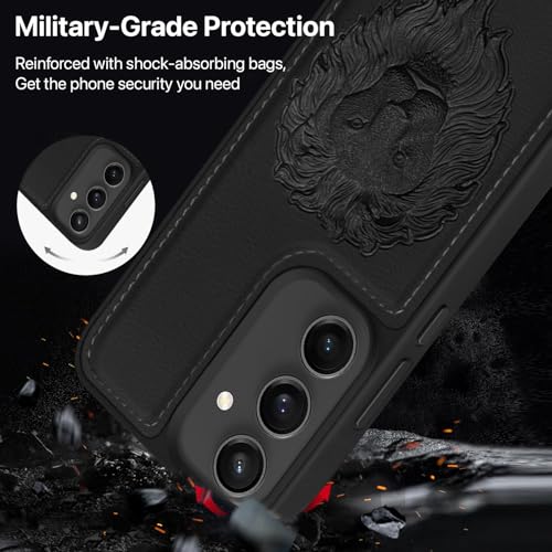 Image of Vaku Luxos Lion Embossed Back Cover Case for Samsung Galaxy S24 FE 5G Premium Leather Stitched Soft Shockproof Protective TPU Phone Case Camera Screen Protector- Black