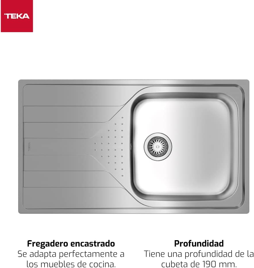 Teka Universe 50 T-XP 1C 1E Plus – Sink 50 cm, Left Built, 1 Bucket and Drainboard, Drain with Manual Valve, Polished Finish, Stainless Steel Colour