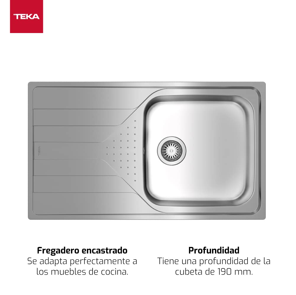 TEKA Fregadero Encastrado 1 Cubeta con Escurridor Izquierda en Acero Inoxidable, Profundidad Cubeta 190mm, Mueble 50cm, Desagüe Manual con Válvula Canasta y Sifón, Universe 50 T-XP 1C 1E Plus
