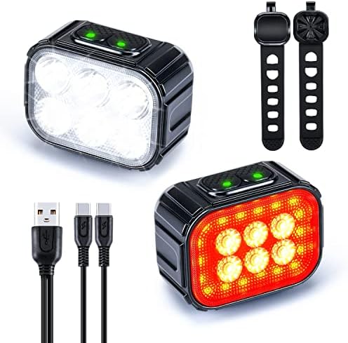 RUXELY Bike Light Front and Back,USB-C Rechargeable Super Bright Flashing Head Rear Light,Waterproof LED Battery Indicator Bicycle Lamp Headlight Taillight for Rider,Road Mountain Cycling,Night Riding