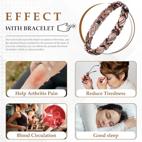 Image of Copper Bracelet for Women 99.9% Pure Copper Crystal Bracelets Link Chain Charm Jewelry Present 3500 Gauss with Adjustment Tool
