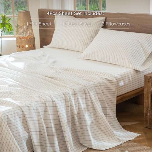 Image of MooMee Striped Sheet Set 100% Washed Cotton Linen Like King | Relaxed Linen-like Texture. Soft, Breathable & Lightweight Comfort. 15-19 inch Extra Deep Pocket with All-around Elastic