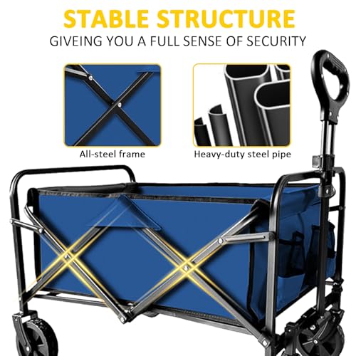 VOYSIGN Garden Cart Folding Wagon with Small Wheel, Collapsible Outdoor Wagon Cart Heavy Duty with Universal Wheels & Adjustable Handle, Utility Grocery Wagon for Camping Shopping, Sports - Navy Blue by VOYSIGN - Used condition - Image 6