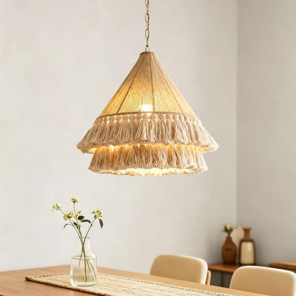 XQIDIANAA Jute Pendant Light Rattan Fixture,Boho Handwoven Natural Hanging Lamp Wicker Ceiling Hanging Lamp for Bedroom Living Room Kitchen Island,Coastal Hemp Rope Chandelier Home Lighting
