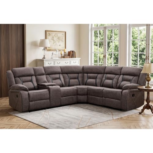 Image of EBELLO Manual Reclining Sectional Sofa for Living Room, L-Shaped Sectional Corner Reclining Sectional Couches Home Furniture Set with Center Console, Hidden Cup Holders and Storage, Grey