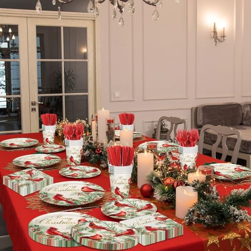 Christmas Cardinal Party Decorations, 144Pcs Cardinal Vintage Christmas Paper Plates and Napkins Xmas Red Birds Disposable Dinnerware Set for Winter Xmas Holiday Party Supplies – Image 3