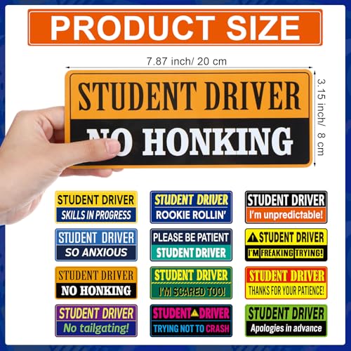 Image of Tallew 12 Pcs Student Driver Magnet New Driver Magnet for Car Reflective Removable Rookie Attention Sticker Please Be Patient Sign for Vehicle Car Accessories 7.9 x 3.2 Inches