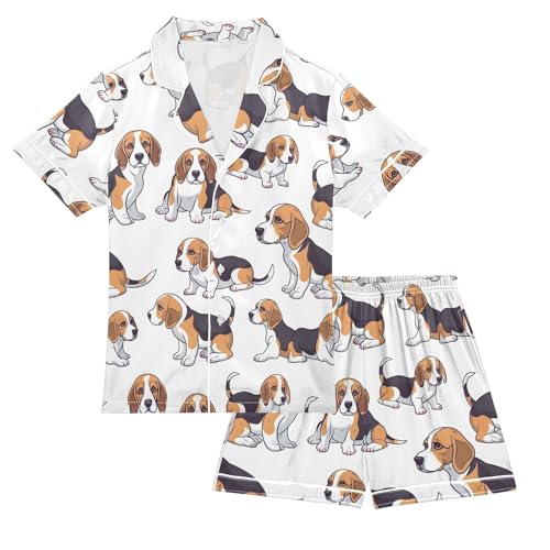 ALAZA Beagle Puppy Dog Animal White Satin Pajamas Set Short Sleeve Button Down Sleepwear Summer Pjs 2 Piece