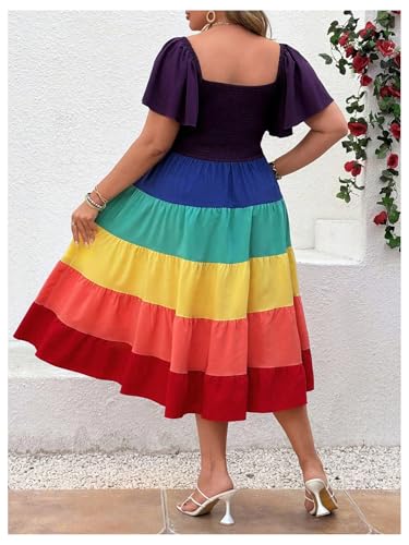 Women's Plus Size Rainbow Striped Ruffle Midi Dress Colorblock Tiered Square Neck High Waist A Line Dresses2