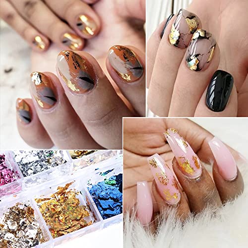 12 Color Holographic Nail Art Foil Flakes Glitter Nail Sequins Confetti Gold Silver Irregular Ultra-Thin Film Nail Designs Acrylic Nails Supplies For Women Girls Manicure Tips Charm Decorations #TOP6