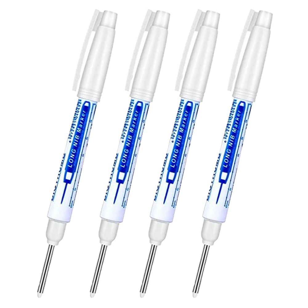 TopHomer 4 rotuladores para agujeros profundos, rotuladores impermeables de punta fina de 30 mm de largo para carpintería, construcción, fabricación (blanco)