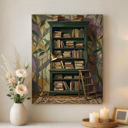 Lienzo de estantería verde abstracto: revive el encanto de los libros en tu hogar