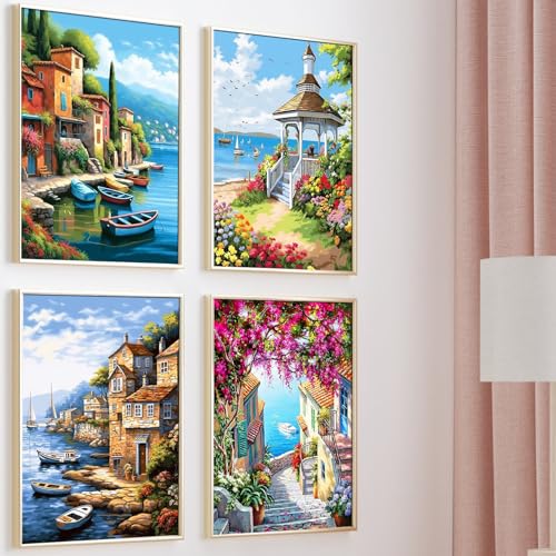 YALKIN 4 Stück Malen Nach Zahlen Erwachsene, Paint by Numbers Malen Nach Zahlen, DIY Landschaft mit Pinseln und Acrylfarben Handgemalt… – Ansicht 3