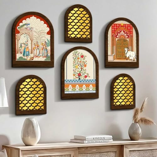 Image of Jharokha MDF Mirror for Home Decor | MDF Traditional Mirrors for Home Decoration | Wall Mirror Decor Hanging for Living Room Bedroom Office Set of 6 (9x12 inch & 7.5x9.5 inch)