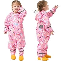 Fewlby Puddle Suit Waterproof Suit Kids, All in One Waterproof Overalls Girls Rain Suit Pink Unicorn Muddy Suit One Piece Raincoat Hoodie Rainwear, 5-7 Years L Size