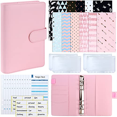 Xgood 31 Pcs PU Leather Budget Organizer Binder Cash Envelope System Sets, 12 Pcs Budget Money Envelopes, 12 Expense Budget Sheets, 4 A6 PVC Bags and 24 Blank Labels for Money Planner, Pink