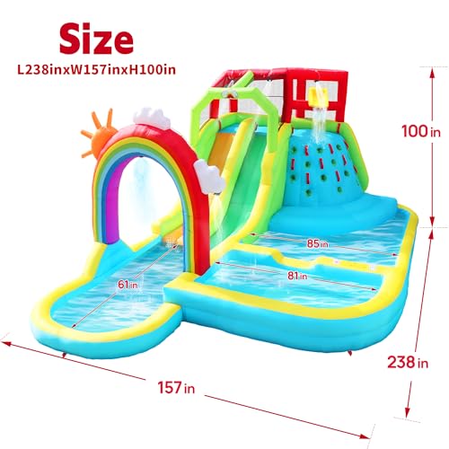 WELLFUNTIME Double Slide Inflatable Park with Blower, Rainbow Water Curtain Bouncy Castle with Shooting and Rock Climbing - Image 2