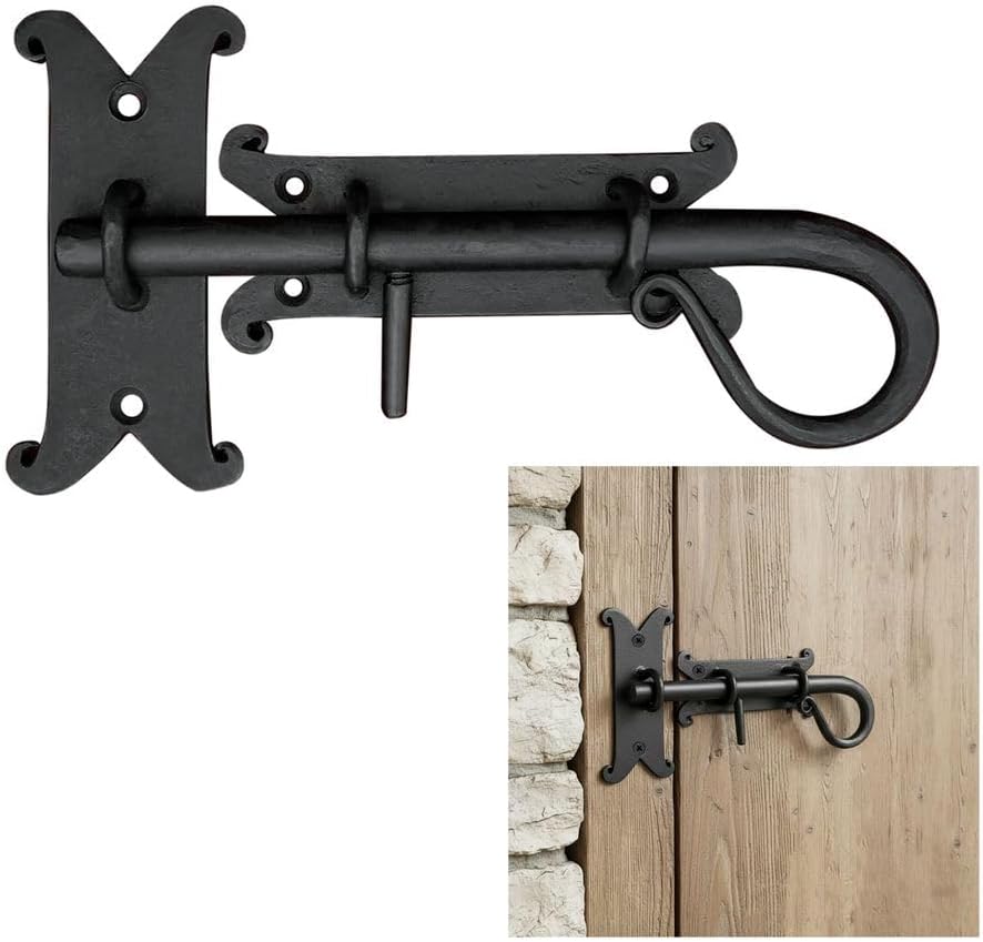Mystic Colonial Medieval Hand-Forged Iron Surface Bolt Latch - 8 Inch Flush Mount Sliding Pin Lock | Rustic Curled Tail Design, Black Finish for Doors, Gates, Cabinets & Shutters