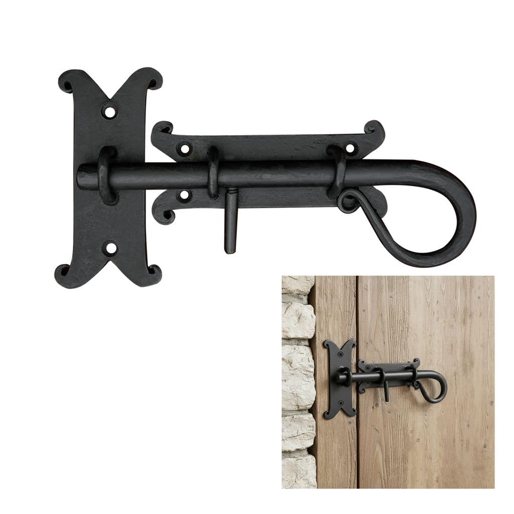 "Mystic Colonial Medieval Hand-Forged Iron Surface Bolt Latch,1 Pc Flush Mount Sliding Pin Lock | (3 in ? 8 in) Rustic Curled Tail Design, Black Finish for Doors, Gates, Cabinets & Shutters" — image 1