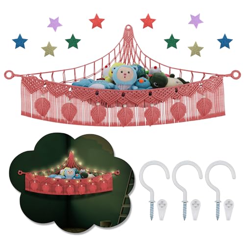 Image of Stuffed Animal Hammock Corner w/LED Star Light, 56'' Large Boho Macrame Leaf Cotton Toy Hammock Net for Stuffy Plush, Watermelon Red Hanging Organizers Cute Nursery Decor for Girls Boys Gift