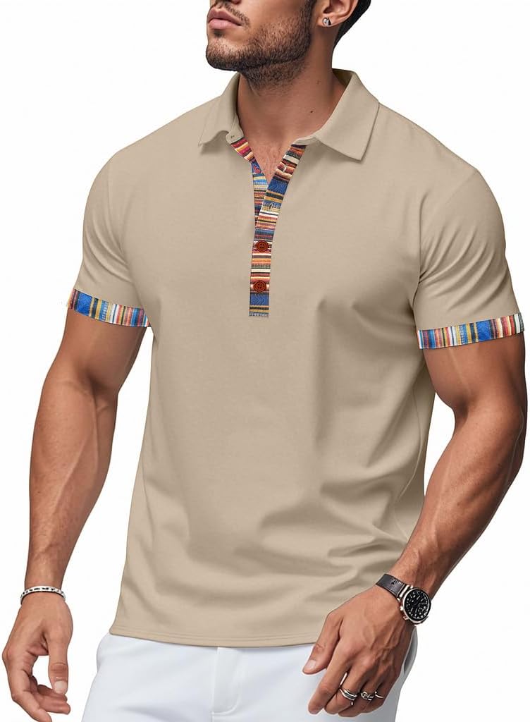 BIVENANT Men's Polo T-Shirt V Neck Short Sleeve Color Block Print Shirts Summer Casual Loose Collared Golf Pullover Tops