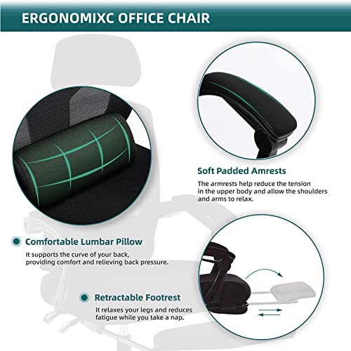 Image of DUMOS Home Office Desk Chair with Footrest, High-Back Mesh Rolling Swivel Reclining Chairs with Wheels, Comfortable Headrest, Lumbar Support, Comfy Arms for Home, Office, Gaming, Student, Inky