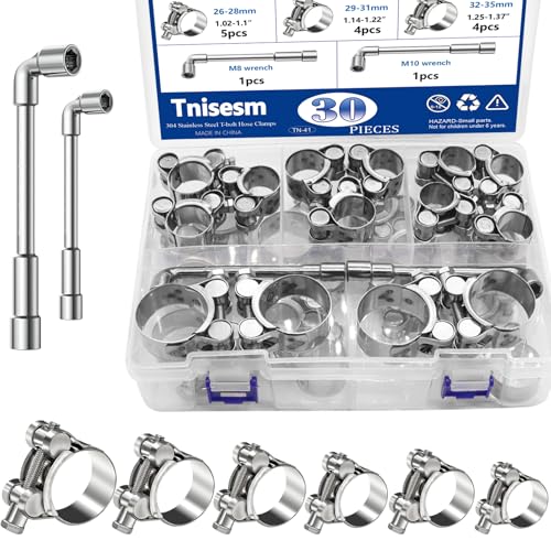 Tnisesm 30Pcs T-Bolt Hose Clamps, 6 Size 17-35mm Heavy Duty Radiator Hose Clamps Assortment Kit, 304 Stainless Steel Pipe Tube Clamps with M8 and M10 Socket Wrenches